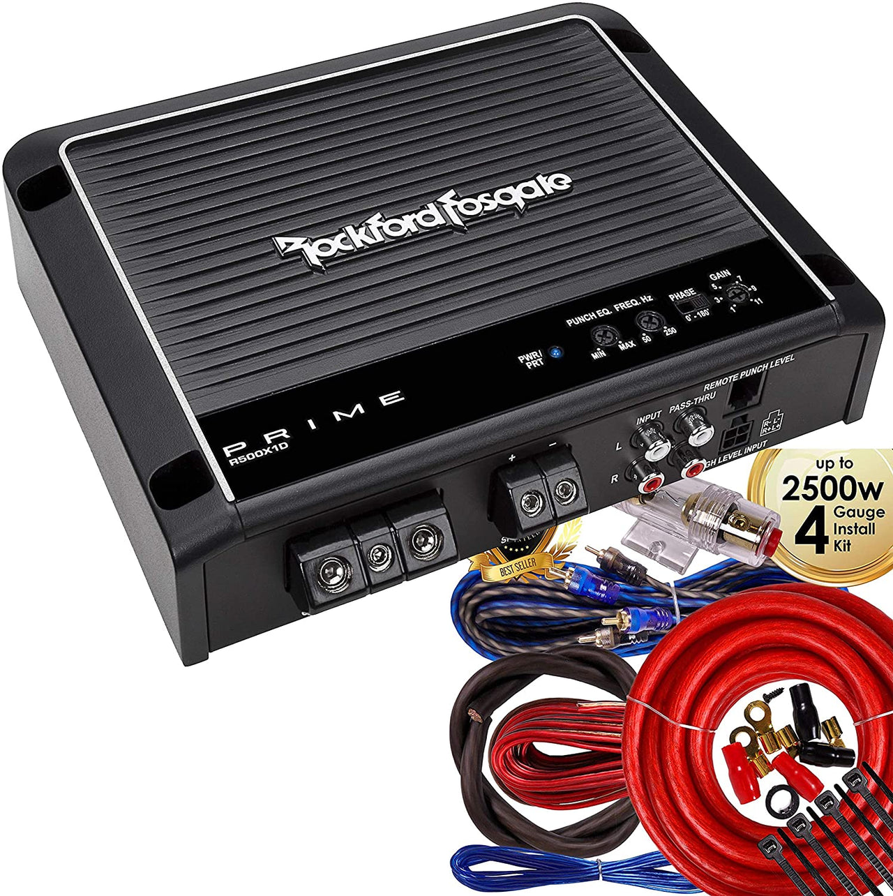 Rockford Fosgate Prime R500X1D 500 Watt RMS Mono Car Class D Amplifier + 4 Gauge Amplifier Kit