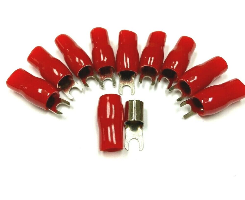 20pcs 4 Gauge Crimp Silver SPADE FORK Terminals Connector Wire Cable RED Boots