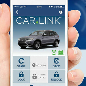 Code Alarm ASCL6 CarLink smartphone app interface displaying vehicle control options and status indicators.