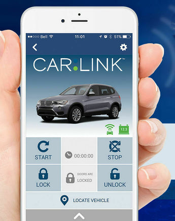 Code Alarm ASCL6 CarLink smartphone app interface displaying vehicle control options and status indicators.