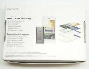 Code Alarm ASCL6 CarLink smartphone control module with app interface and device box.