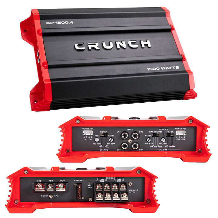 Crunch Ground Pounder GP-1500.4 1500W Max 4 Channel Class AB 1500 Watts Car Amplifier with 8 Gauge Amp Kit