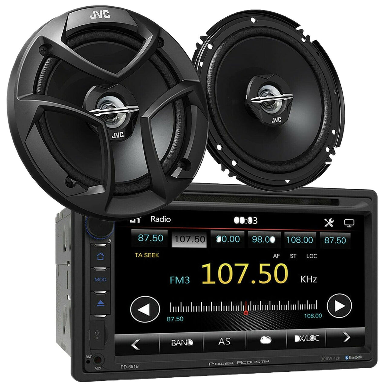 Power Acoustik PD-651B Double DIN Bluetooth DVD/CD Car Stereo + 2 x JVC 6.5" Speakers