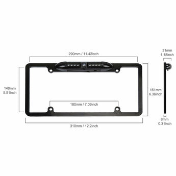 Car license plate frame with reverse backup camera and night vision features, including wiring connections.