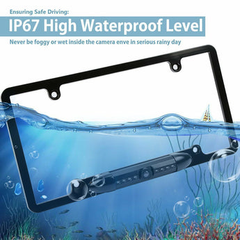 Car license plate frame with reverse backup camera and night vision features, including wiring connections.