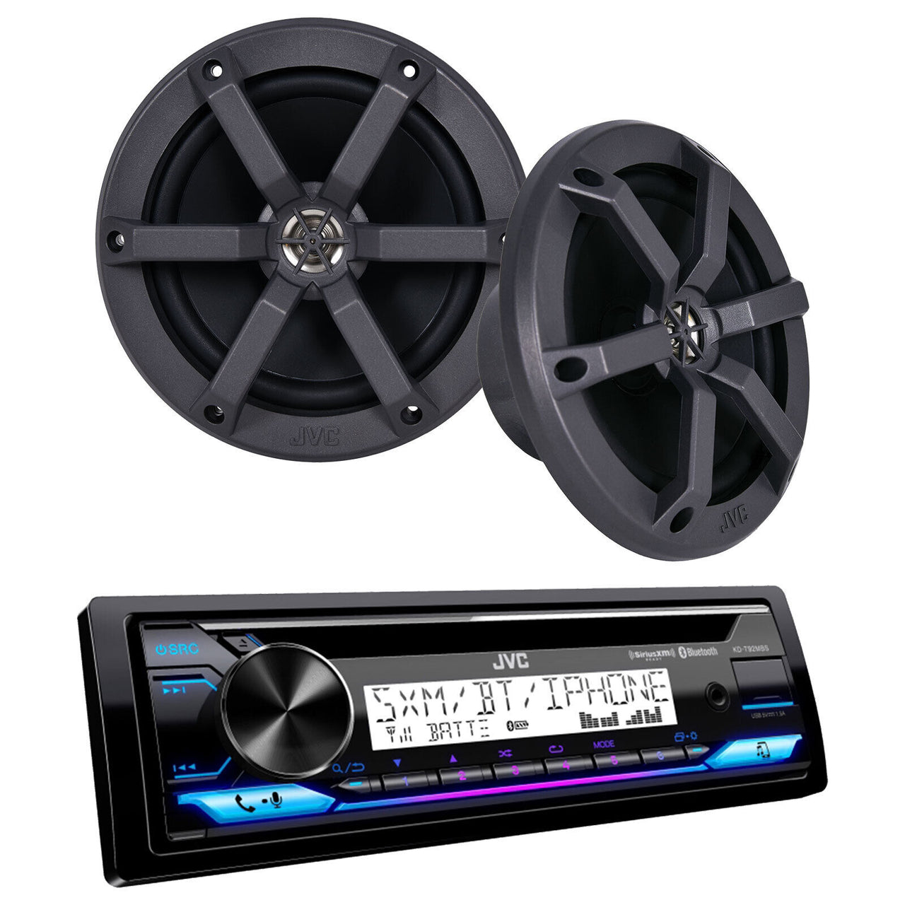 JVC KD-PKT92MBS JVC KD-T92MBS Single DIN CD Player Bluetooth USB AUX AM/FM Stereo Radio Receiver with 1 Pair of JVC CS-MS620 6.5" 2-Way 100 Watts Max Power Speakers - Marine/Motorsports Audio Package