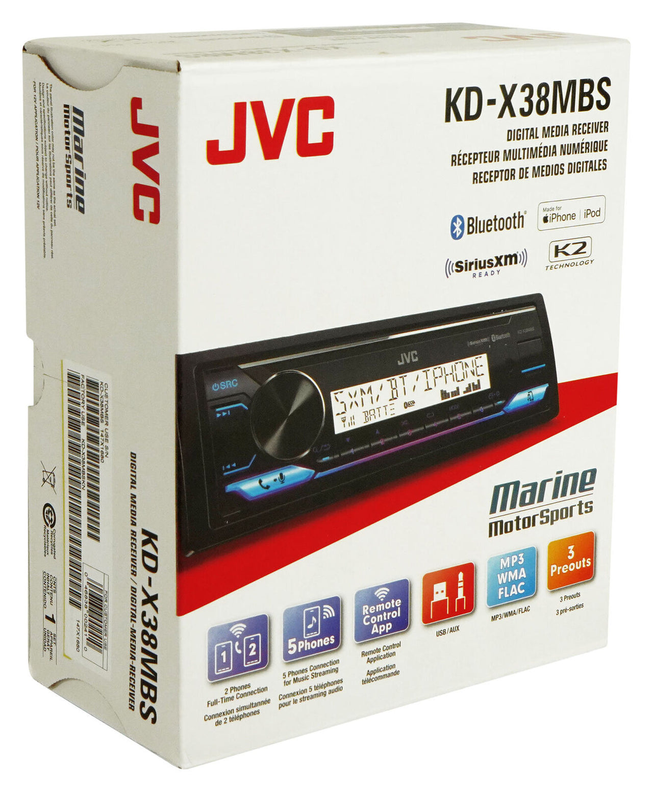 Jvc KD-X38MBS Single-DIN Marine In-Dash CD Multimedia Receiver with Bluetooth (Sirius XM Ready)