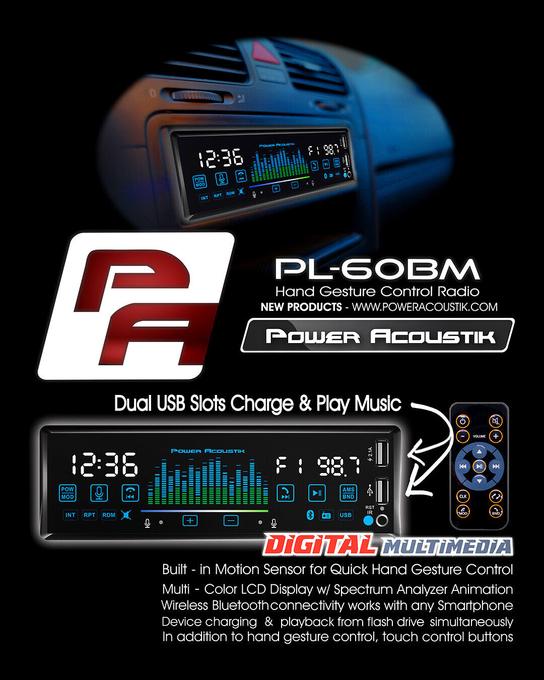 Power Acoustik PL-60BM Digital Multimedia Bluetooth USB Receiver
