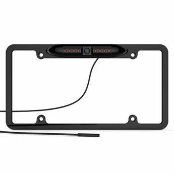 Car license plate frame with reverse backup camera and night vision features, including wiring connections.