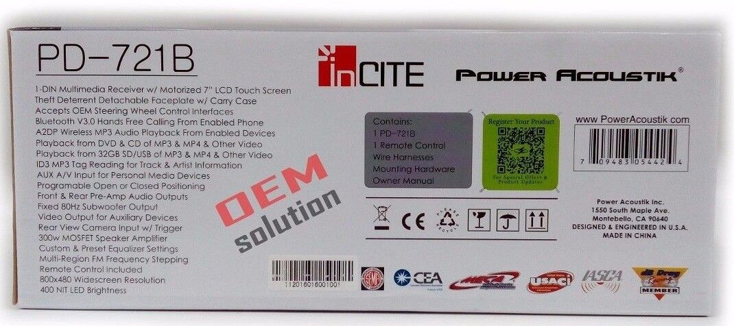 Power Acoustik PD-721B 7″ Single-DIN Motorized Touchscreen w/DVD/CD & Bluetooth