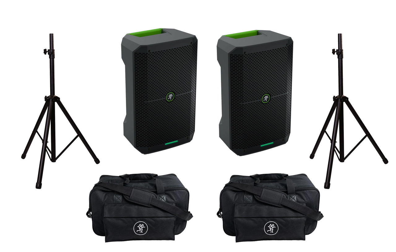 2 Mackie Thump GO 200 watt 8" 2-way Battery-powered portable loudspeaker & Thump Go Carry Bag & Speaker Stand