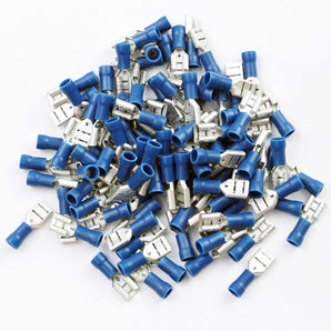 A pile of blue female quick disconnects and connectors suitable for 16/14 gauge wiring.